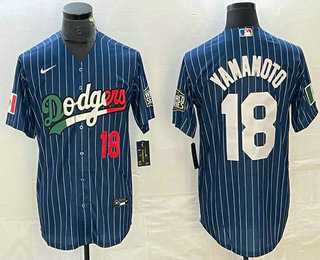 Men%27s Los Angeles Dodgers #18 Yoshinobu Yamamoto Number Navy Blue Pinstripe Mexico 2020 World Series Cool Base Nike Jersey1
